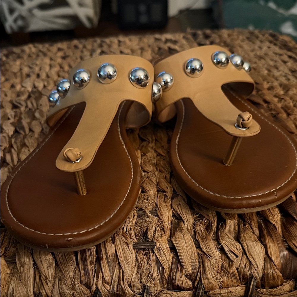 Stud-Embellished Tan Leather Thong Sandals